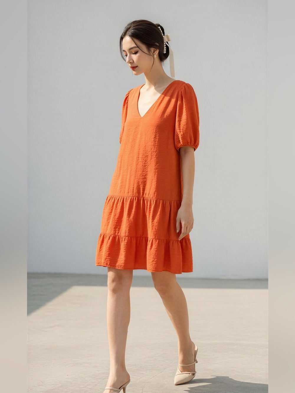 INC International Concepts Orange Tiered V-Neck Tunic with Tie-Back